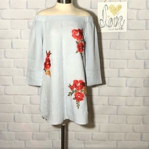 Embroidered off shoulder shirtdress